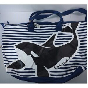 SeaWorld Orca Shamu Nautical Striped Canvas Duffle Bag Navy White Travel Tote